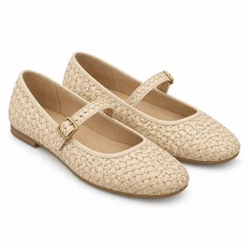 AI-generated style illustration for CUSHIONAIRE Graff Mary Jane Shoes for Women, Woven Ballet Flats with Adjustable Buckle Strap, Lightweight Slip On Shoes; not a retailer photograph
