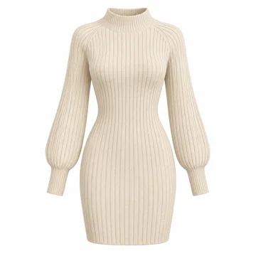 AI-generated style illustration for KIRUNDO Women's Long Sleeve Ribbed Knit Mini Sweater Dress; not a retailer photograph