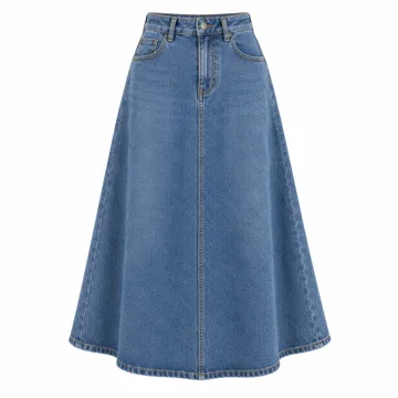 AI-generated style illustration for MISS MOLY Women's Jean Skirt Stretch High Waisted Frayed Raw Hem A Line Denim Midi Skirt with Pockets; not a retailer photograph