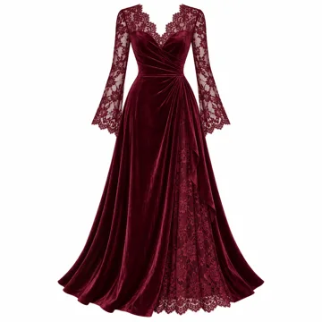 AI-generated style illustration for MEROKEETY Women's Velvet Lace Fall Wedding Guest Cocktail Maxi Dress; not a retailer photograph