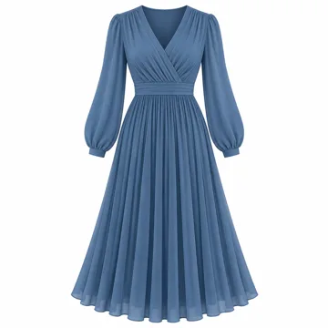 AI-generated style illustration for Zeagoo Fall Dresses for Women Long Sleeve Casual Pleated V Neck Dress 2026 A Line Tunic Dress; not a retailer photograph