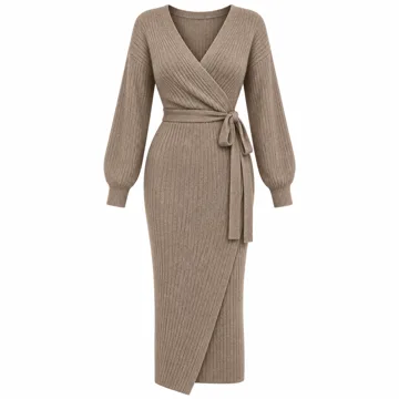 AI-generated style illustration for WIH0LL Womens Fall Dresses 2026 Long Sleeve Wrap Sweater Dress with Pockets; not a retailer photograph